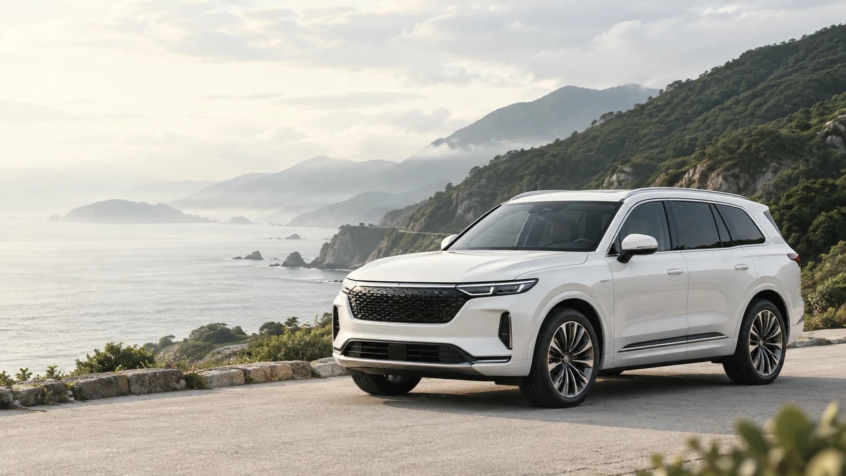 초록빛 해안 도로에 놓인 흰색 SUV 브랜드 연출 이미지